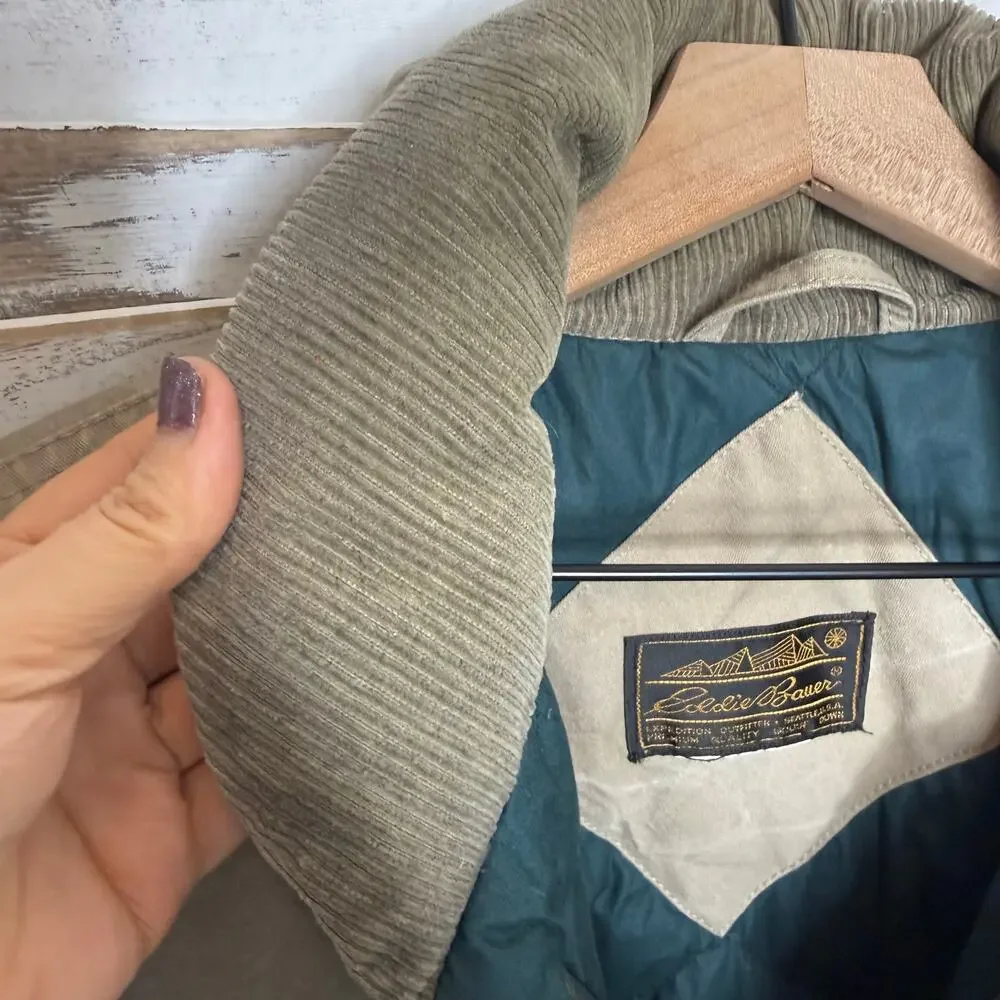 VTG EDDIE BAUER Men's L Quilted Canvas Goose Down Utility Vest Outdoor Tan